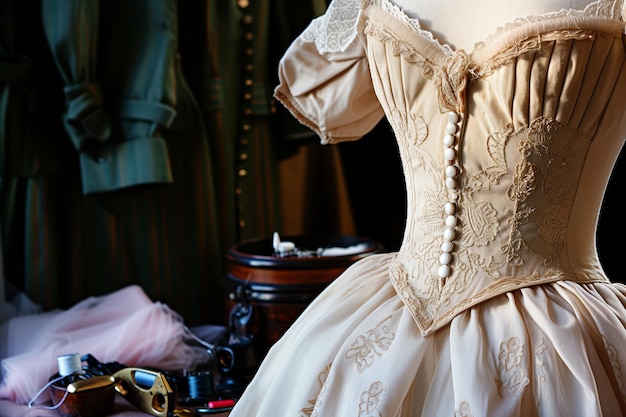 Photo tailor adjusting a dress on a mannequin with a sewing kit nearby