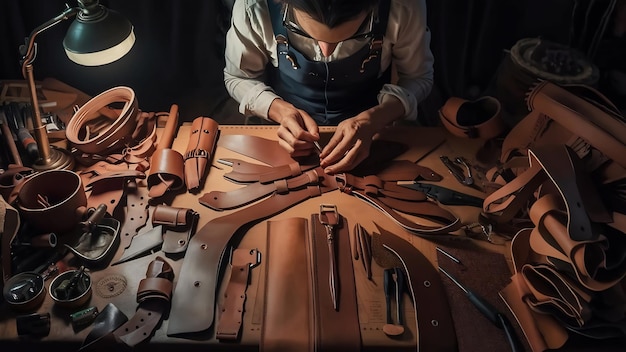 Tailor making leathercraft equipment on the table