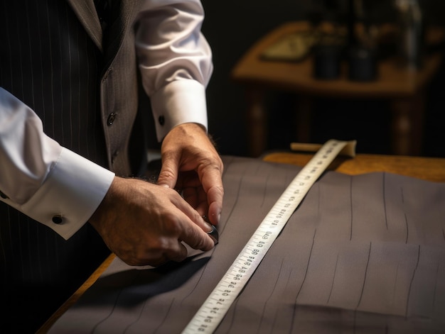 Photo tailor measuring fabric for a custommade suit