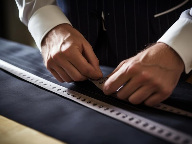 Photo tailor measuring fabric for a custommade suit