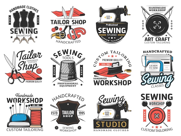 Tailor shop sewing studio and workshop icons