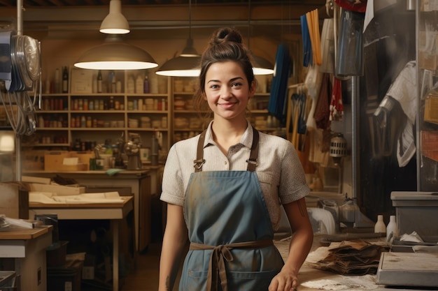 A tailor woman stands at work in an apron near a sewing table