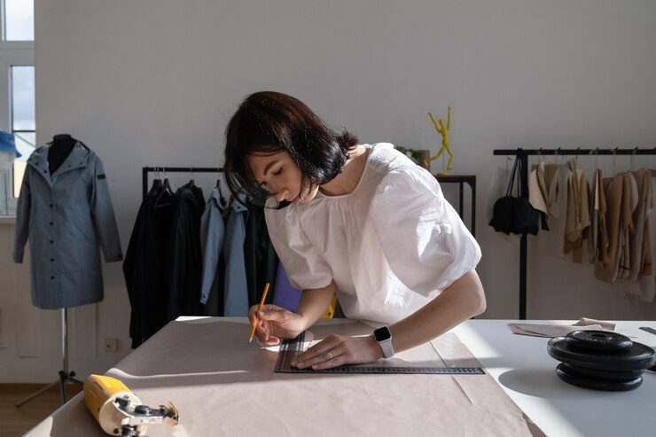 Photo 洋裁テーブルの定規でアトリエ女性下水道測定材料の布で仕立てる