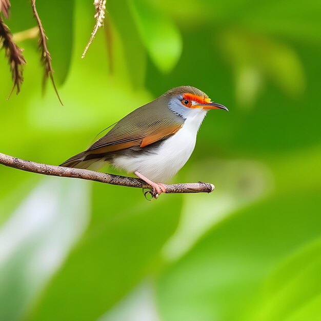 A Tailorbird bird is sitting on a tree branch