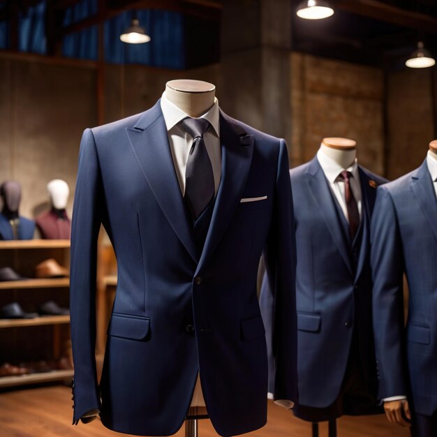 Photo tailored mens suits modeled on mannequin in tailor shop atelier