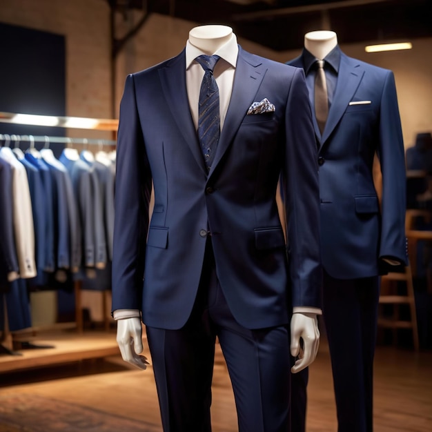 Photo tailored mens suits modeled on mannequin in tailor shop atelier