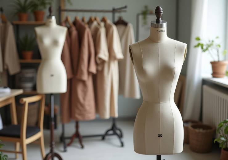 Photo tailoring studio with dress forms and garments displayed in a cozy workspace
