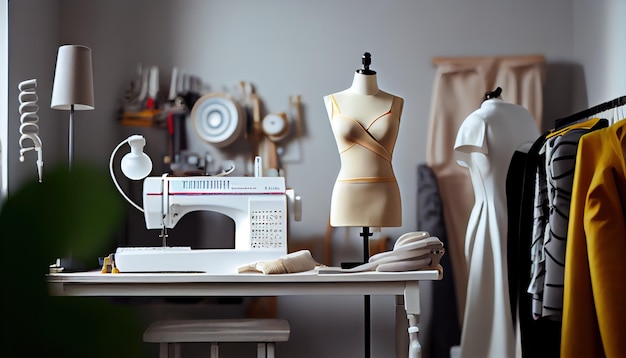 Tailors workplace with sewing machine rack with clothe