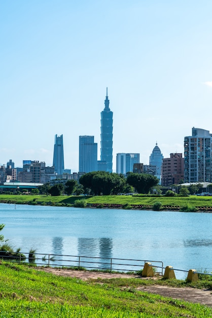 Taipei, Taiwan - Oct 4, 2020: skyline of the taipei city by the river with taipei 101 tower