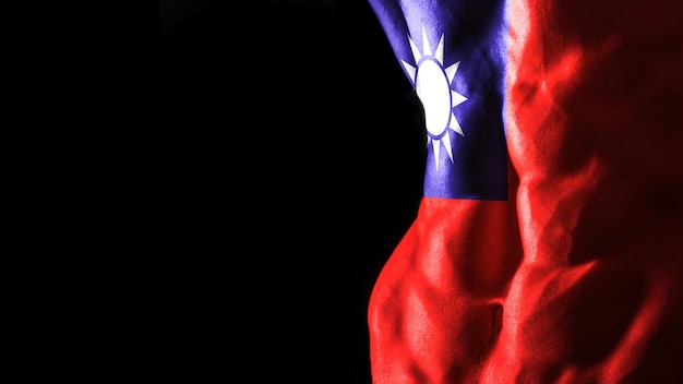 Флаг Тайваня на национальной спортивной тренировке мышц пресса, концепция бодибилдинга, черный фон
