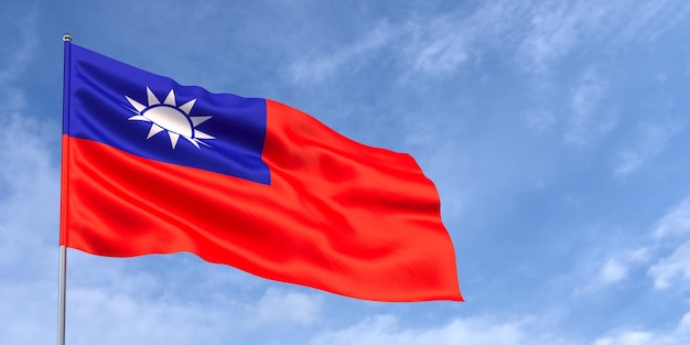 Taiwan flag on flagpole on blue sky background Taiwan flag waving in the wind on a background of sky with clouds Place for text 3d illustration