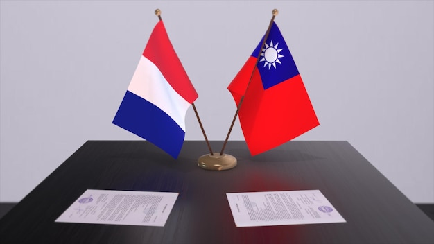 Taiwan and France national flags on table in diplomatic conference room Politics deal agreement