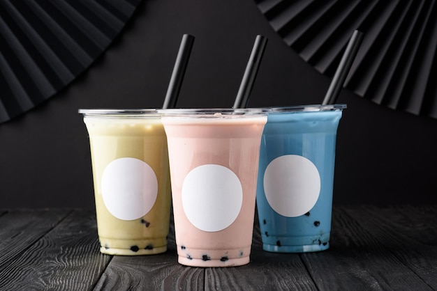 Photo taiwan milk tea with bubble on wood background