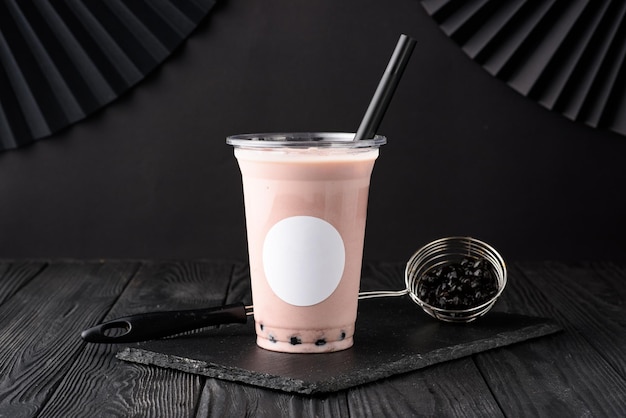 Taiwan milk tea with bubble on wood background