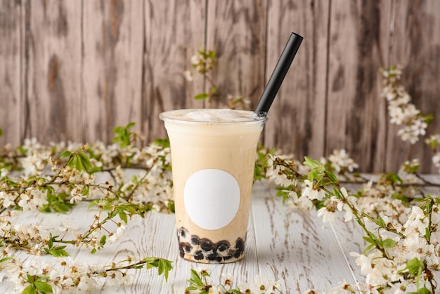 Taiwan milk tea with bubble on wood background