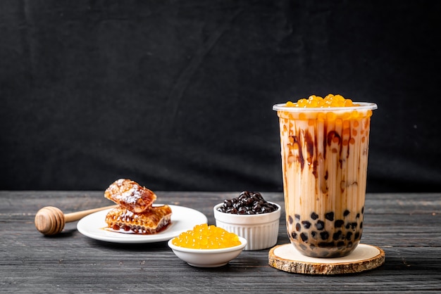 Taiwan milk tea with bubble on wood table