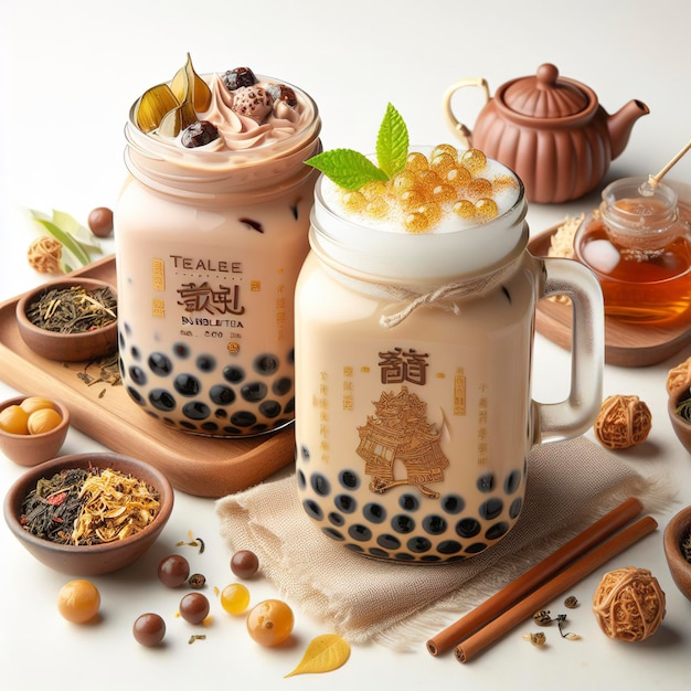 Taiwanese bubbelmelktee op witte achtergrond met Thaise thee in bruine kleur