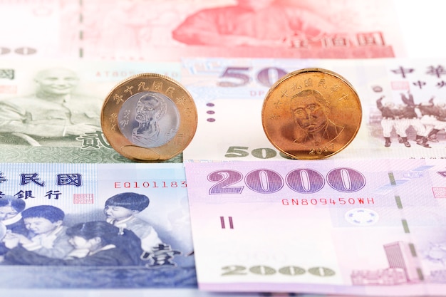 taiwanese dollar coins on the background of banknotes 