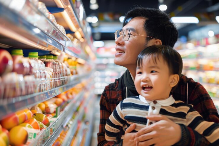 taiwanese father and son shopping in a supermarket