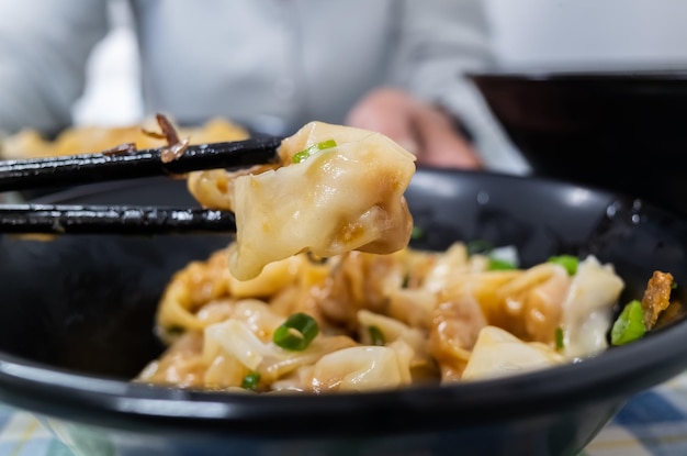 Taiwanese special snack of spicy wontons in the restaurant