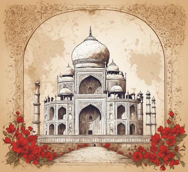 Taj Mahal in Agra Uttar Pradesh India Handdrawn vector illustration