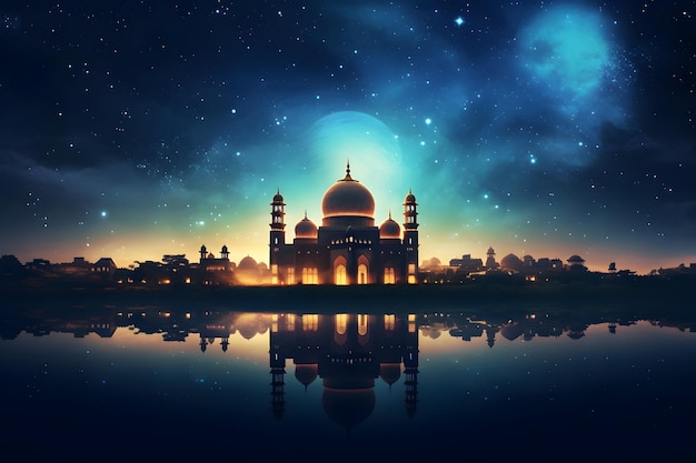 The taj mahal is lit up with a starry night sky.