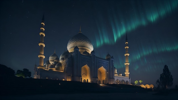 The taj mahal at night with the northern lights