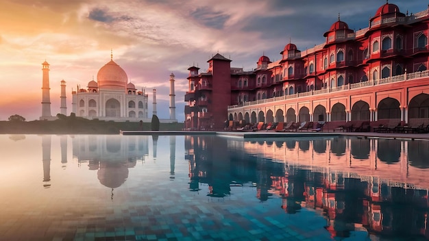 Taj Mahal paleis in India bij zonsopgang