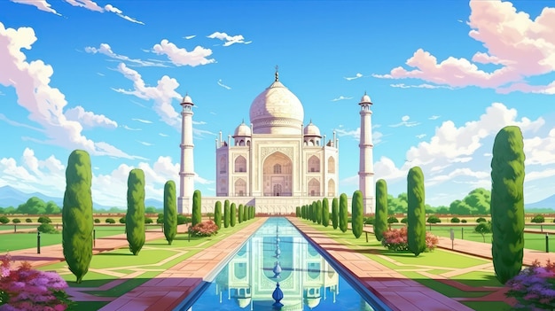 Taj mahal poster in the sunny day with blue sky view