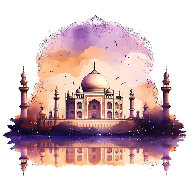 Taj Mahal Silhouette Frame With Kashmiri Kahwa Saffron Stran watercolor Style Of Indian Culture