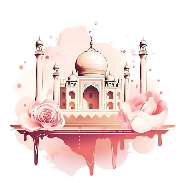 Taj Mahal Silhouette Frame With Rabri Falooda Rose Syrup and watercolor Style Of Indian Culture
