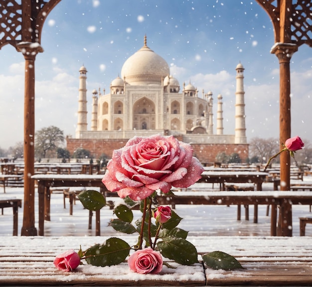 Taj Mahal in the snow with roses New Delhi India