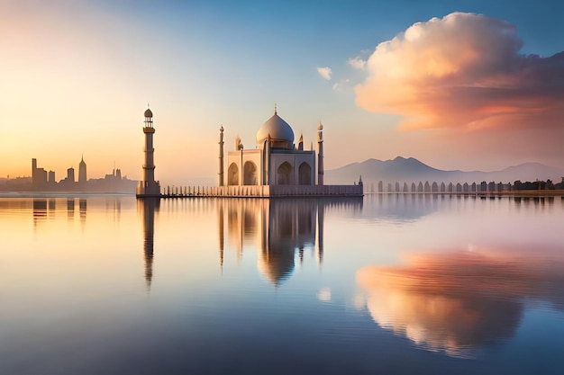 A taj mahal with a reflection of the clouds