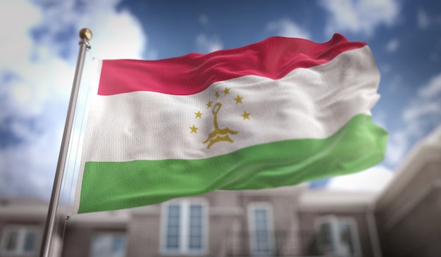 Tajikistan Flag 3D Rendering on Blue Sky Building Background 