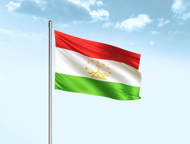 Tajikistan national flag waving in blue sky with clouds Tajikistan flag 3D illustration