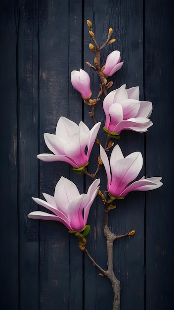 Foto tak met roze magnolia bloemen op rustieke houten achtergrond vertical mobile wallpaper