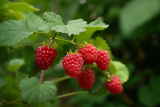 Tak van rijpe rode frambozen in de tuin