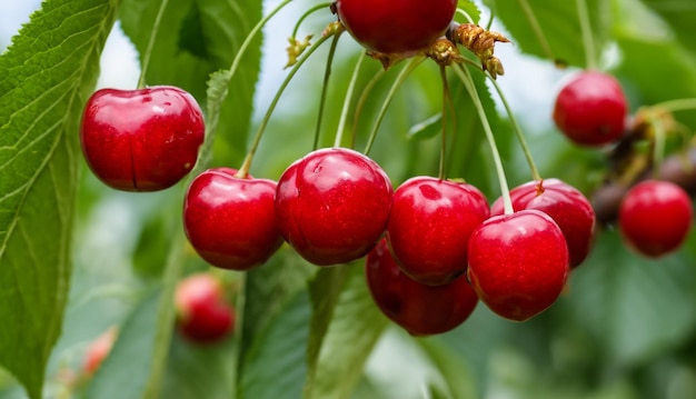 Foto tak van rijpe rode kersen op een boom in een tuin rijpe rode kersjes op eenboom in een tuin