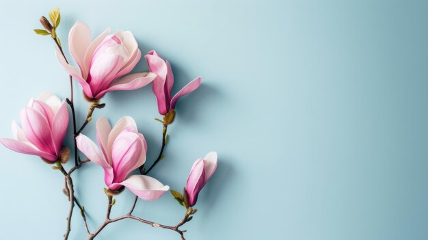 Tak van roze bloeiende magnolia op een lichtblauwe achtergrond