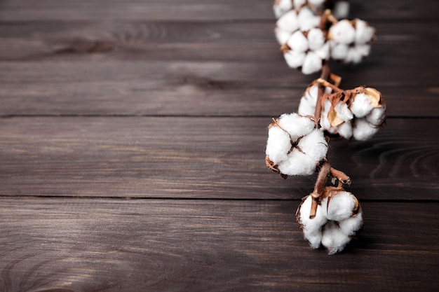 Tak van witte katoenen bloemen op bruin houten tafel met kopie ruimte