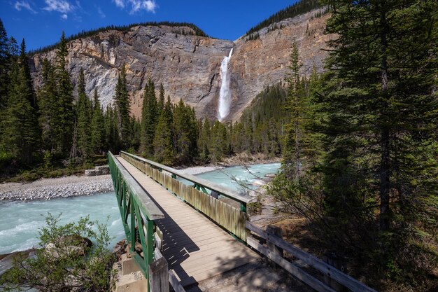 Takakkaw falls in yoho national park tijdens een levendige zonnige zomerdag