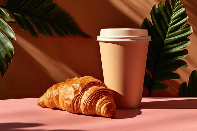 Take away breakfast concept with coffee and croissant in a craft paper cup on a pink background with