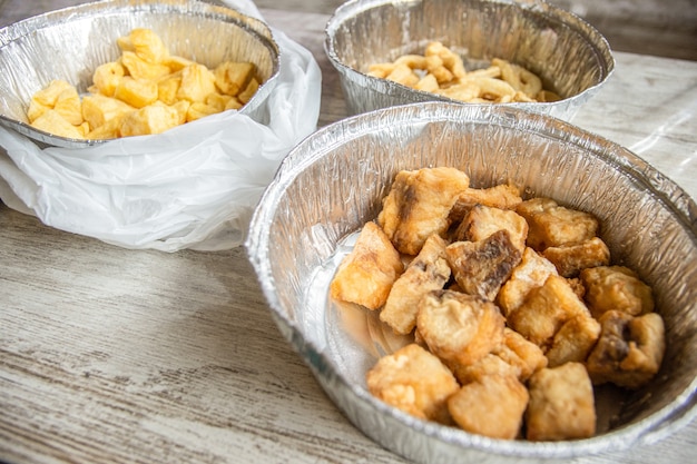 Take away food in aluminum trays