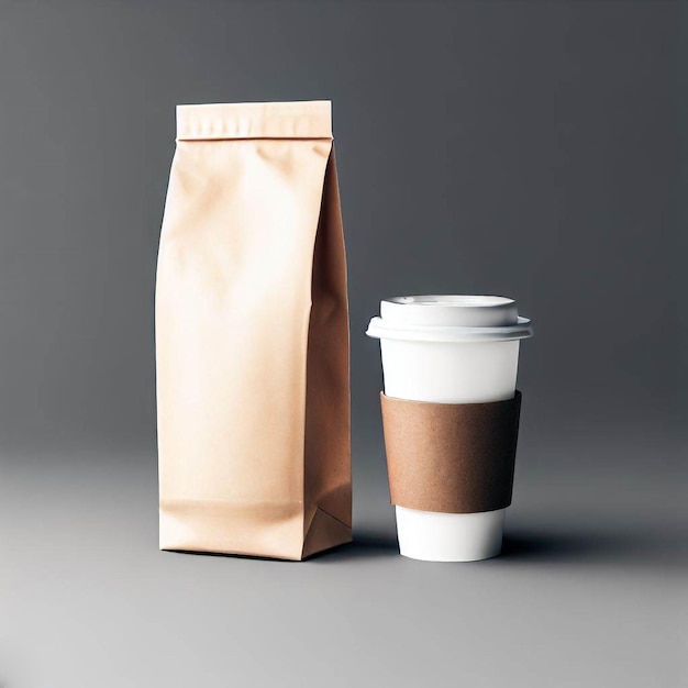 写真 茶色のコーヒー用紙袋で紙のコーヒーカップを取って ⁇ コーヒーのブランドモックを写真にリアルに