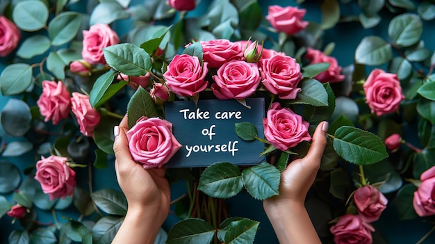 TAKE CARE OF YOURSELF sign in female hands among roses Self care motivation concept