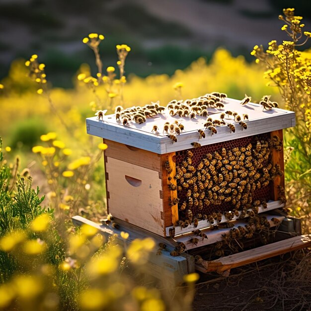 Take a closeup shot of a beehive with worker bees busily buzzing around collecting nectar from th