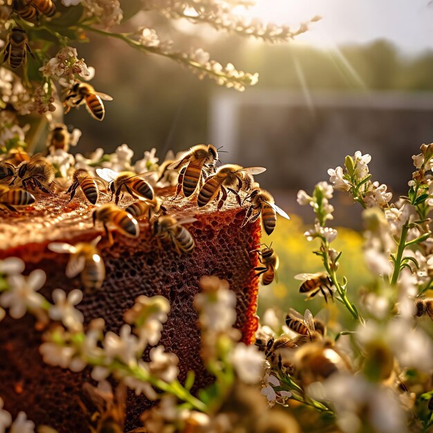 Take a closeup shot of a beehive with worker bees busily buzzing around collecting nectar from th