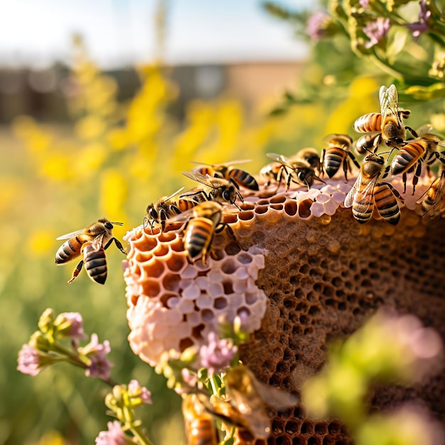 Take a closeup shot of a beehive with worker bees busily buzzing around collecting nectar from th
