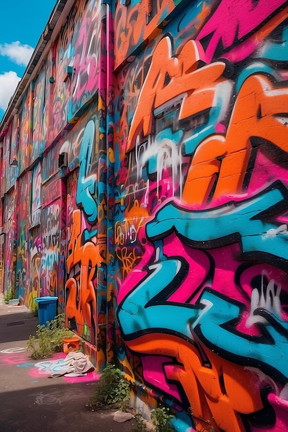 Photo take a detailed shot of a graffiticovered wall capturing the vivid colors and bold patterns art