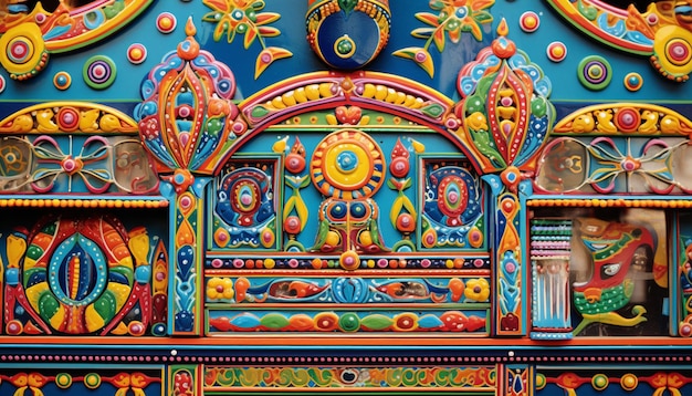 Photo take a detailed shot of a handpainted pakistani truck art piece